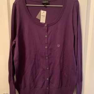 Purple crew neck button front cardigan
